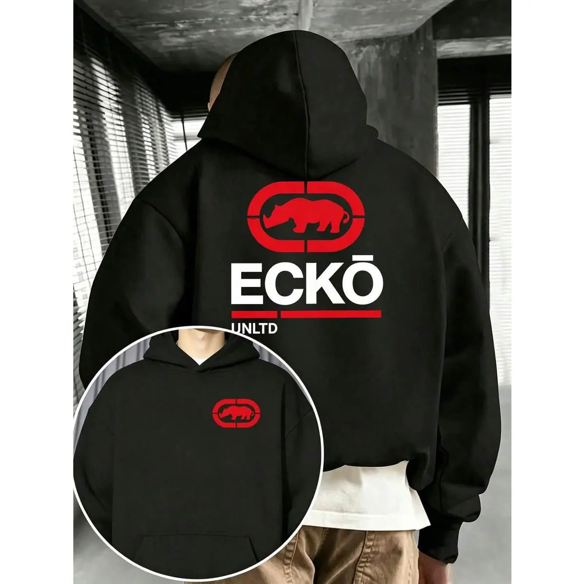 Men Classic Red Rhino ECKO UNLTD Logo Graphic Pullover Hoodie, Front Small Print Drawstring Kangaroo Pocket Loose Hip Hop Streetwear Hooded Top
