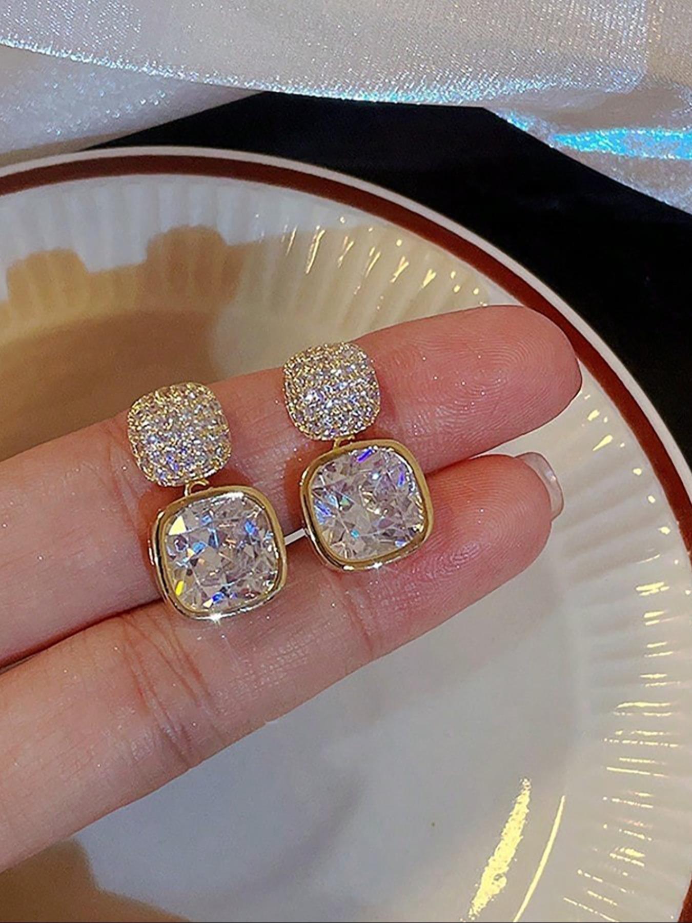 1 Pair Rhinestone Zircon Square Earrings, Unique Women's Daily Jewelry, Fashionable Studs for Everyday Wear, Elegant Accessory