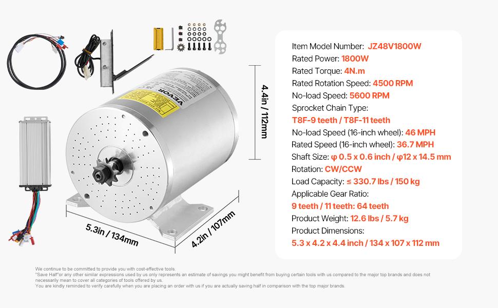 fathersdaygift VEVOR 1800W Electric Brushless DC Motor Kit - 48V 4500rpm Motor with Upgraded Speed Controller and Foot Pedal Throttle Kit for Go Karts E-Bike Motorcycle Scooter DIY