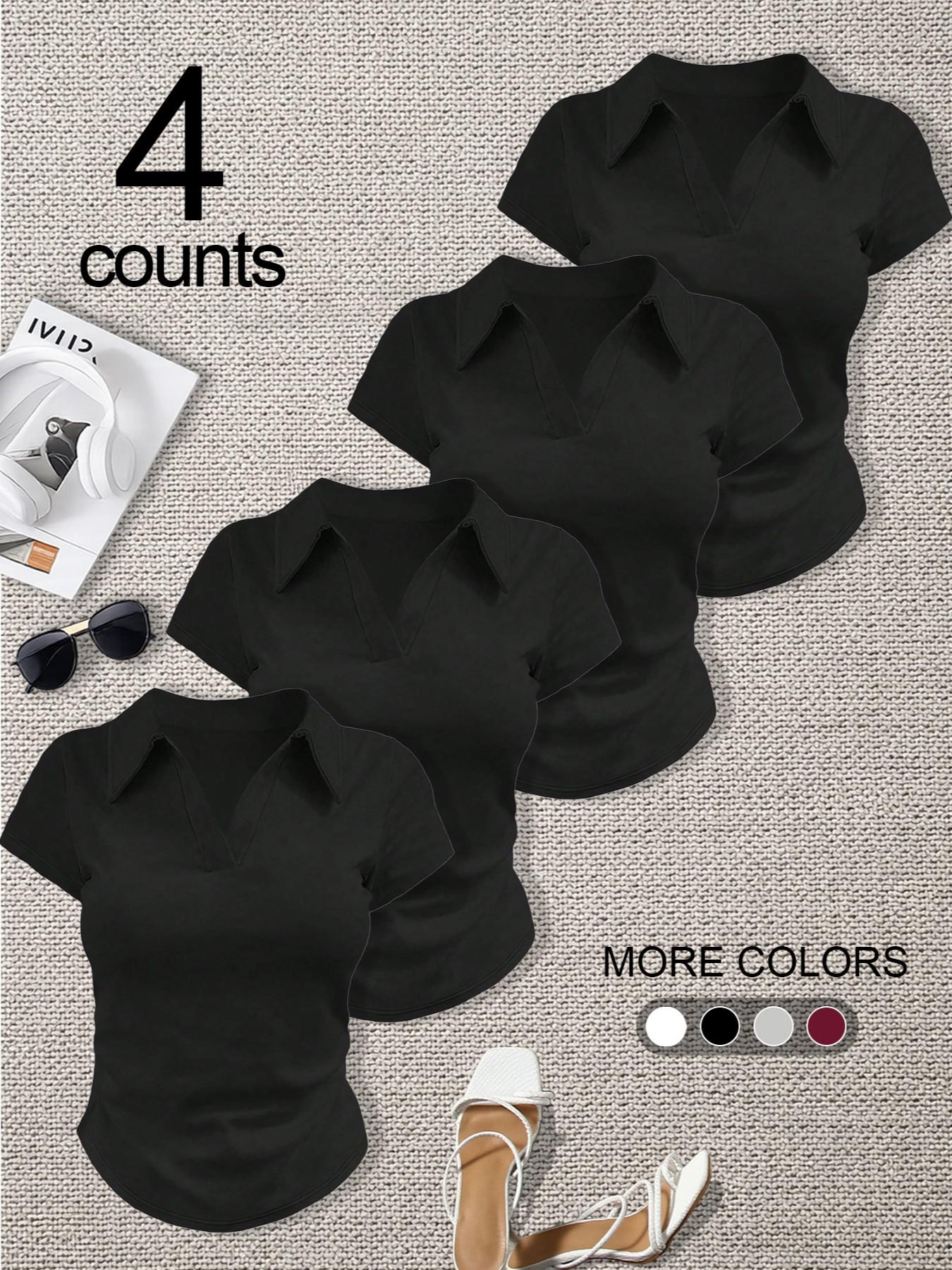4-Piece Set, European Style Women's Casual Slim Fit Plain Polo Shirt Short Sleeve Top Shirts, Solid Color Versatile Design, Small V-Neck, Soft, Summer Wear