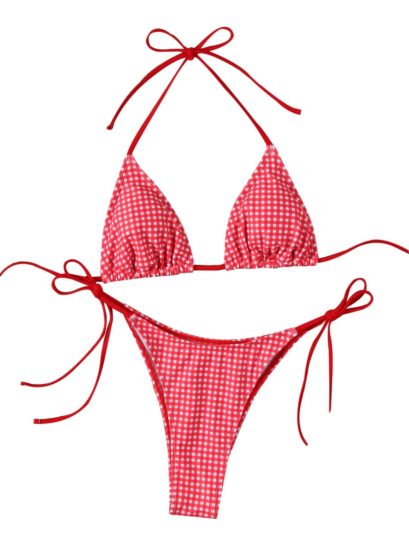 Women's Plaid Halter Cute Sexy Bikini Swimsuit Set, Summer Clothing, Fitted Lace Up Design, Tie Side Bottoms, All Seasons