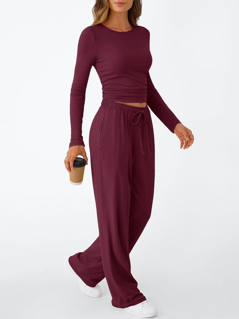 Women's 2 Piece Matching Lounge Set, Long Sleeve Slightly Crop Top & Wide Leg Pants, Casual Sweatsuit for Fall & Winter