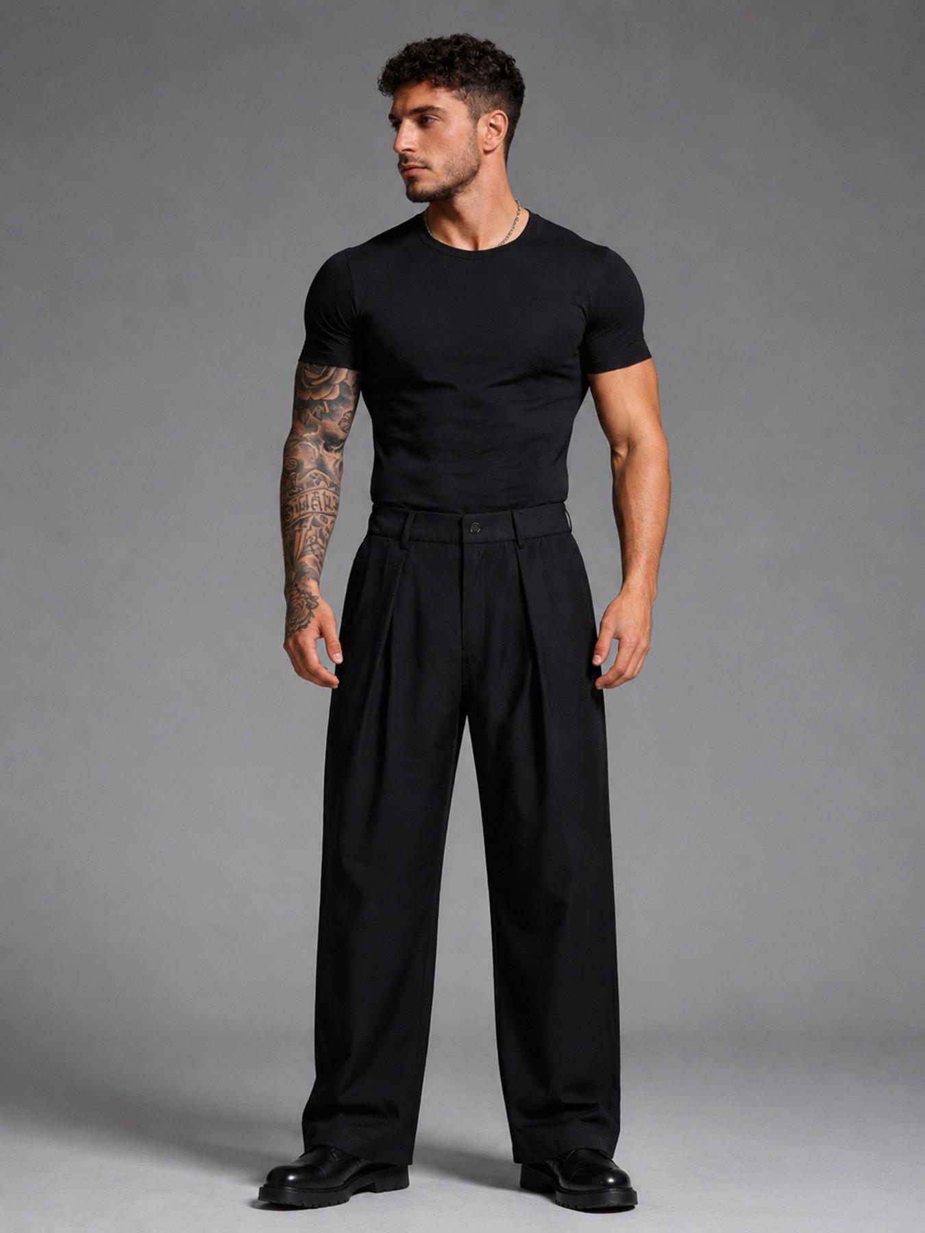 Men's High Waist Pleated Wide Leg Dress Pants, Casual Straight Leg Trousers with Button Detail, Relaxed Fit Business & Streetwear Pants for Men, Menswear