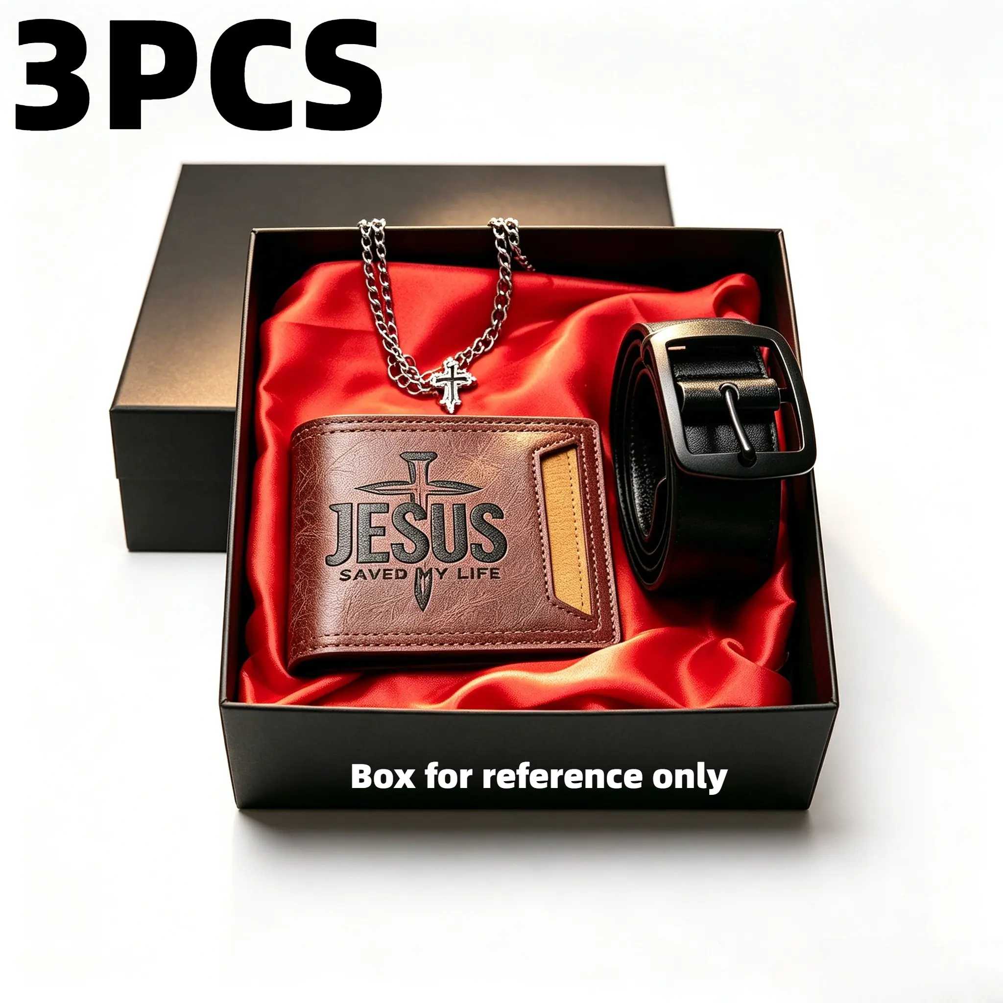 Men's Christian Bifold PU Leather Wallet Gift Set - Embossed "Jesus Saved My Life", Plain Cross Pendant Necklace, Buckle Leather Belt, Business Religious Faith Present for Husband, Premium Vintage Gift Box, Waterproof