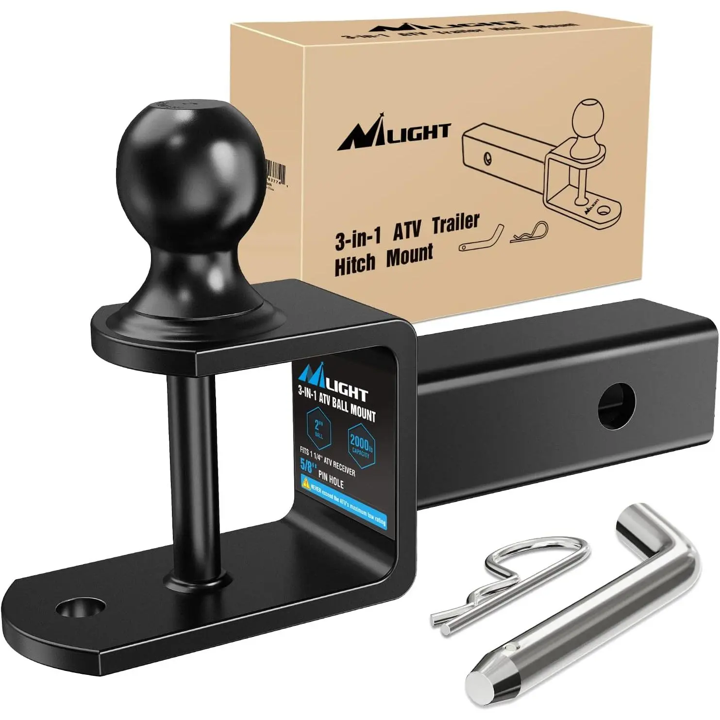 Nilight Multi-Function Drop Forged Steel Powder Coat 3-in-1 ATV/UTV Trailer Hitch Mount - 2" Hitch Receiver Fit, 2" Ball (2000 LBS Rating), 5000 LBS Winch Strap Loop, Towing Accessory for Campers, Motorcycles