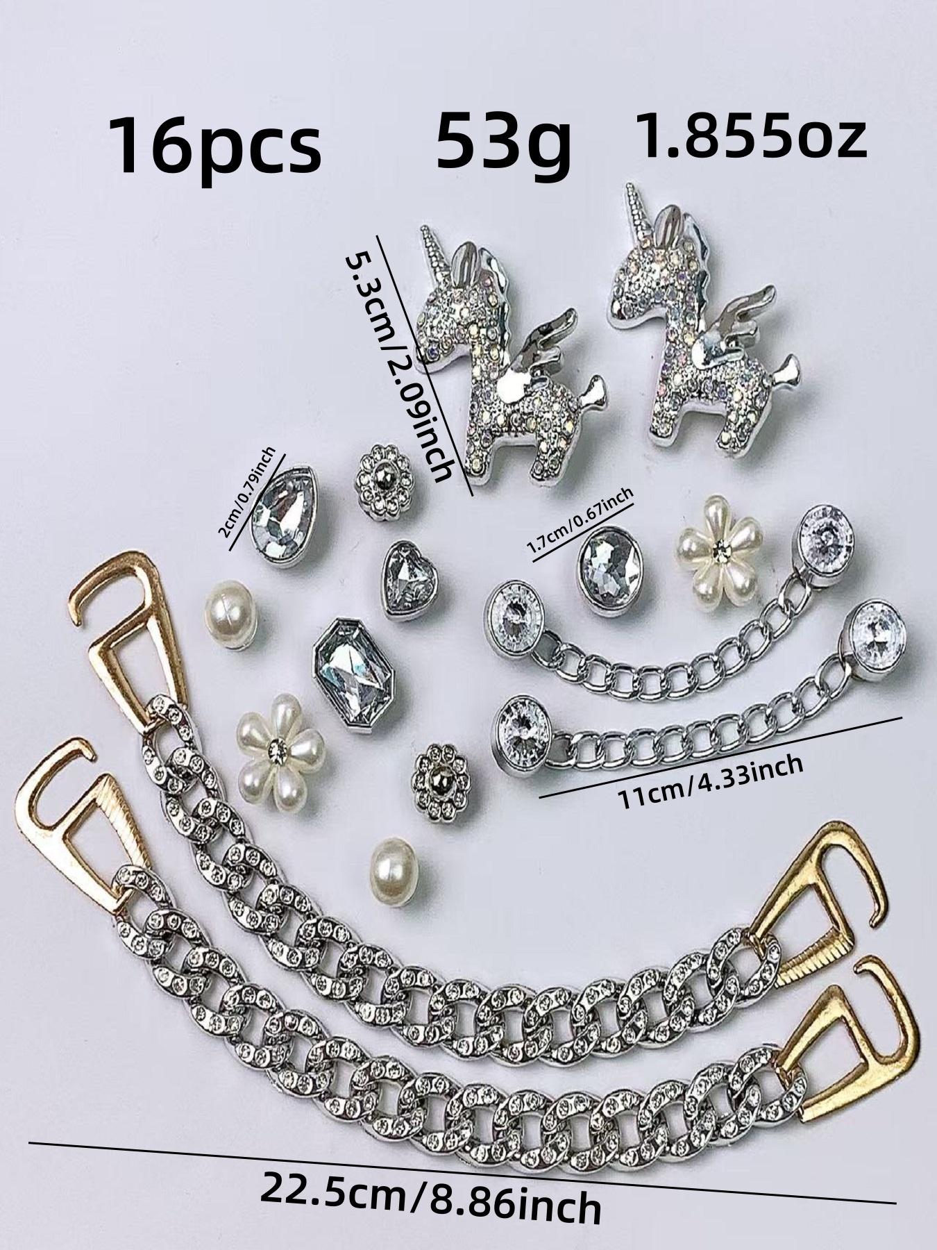 New 16pcs Hole Shoe Decoration Accessories Chain Small Horse Set Silver Color Rhinestone Chains, Detachable Hole Shoes Parts