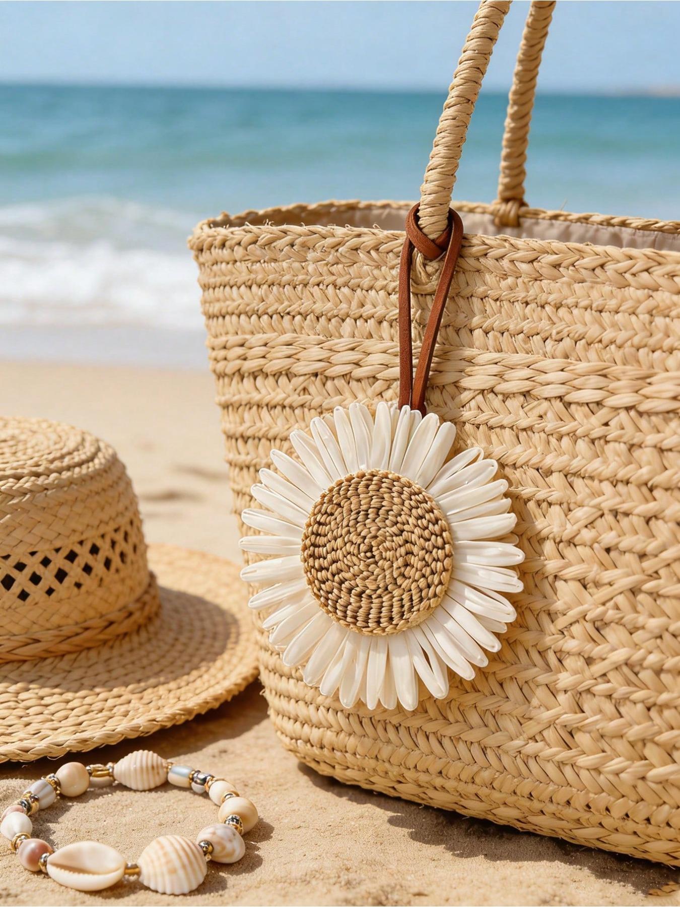 Summer bohemian resort style bag accessories, braided rattan sunflower flower designer pendant. Comes with a genuine leather strap, bohemian beach style accessory for tote bags, wallets, backpacks and keychains, elegant summer decorative pendant.