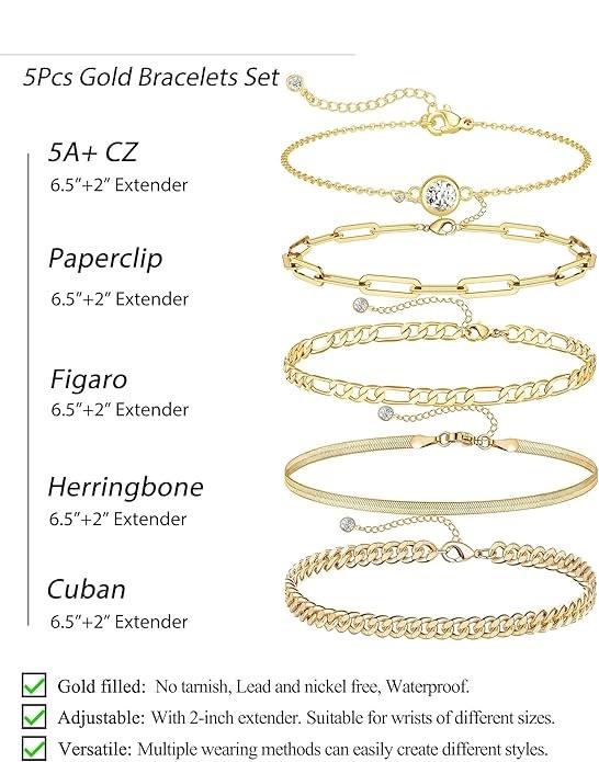 Tewiky Waterproof 14K Gold Plated Copper 6-Piece Bracelets Set for Women Elegance in Every Link Adjustable Size Hypoallergenic Gift Box Included For Valentine's Day gifts