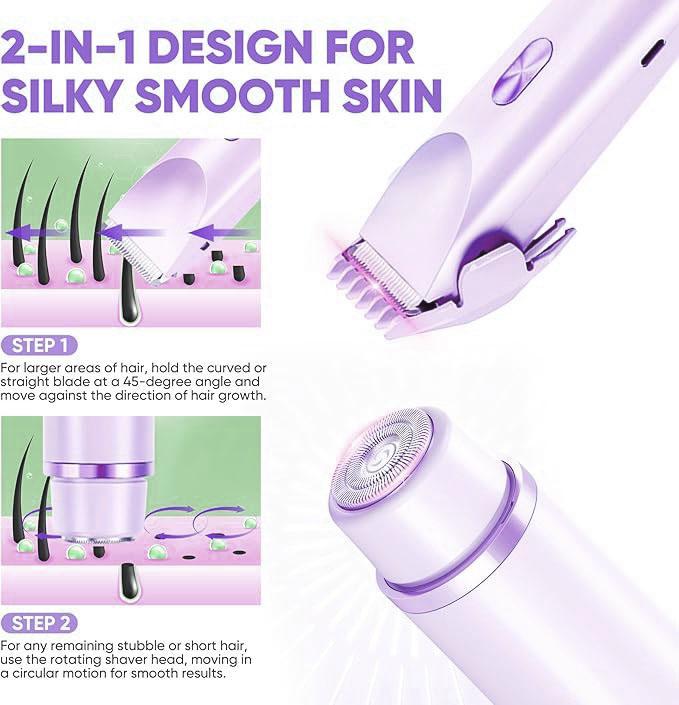 Bikini Trimmer for Women, Electric Shaver and Razor Rechargeable 2-in-1 Body and Facial Epilator, Dual Heads for Painless Trimming of Pubic Hair, Face, Underarms and Legs, IPX7 Waterproof. Christmas Gift New Year