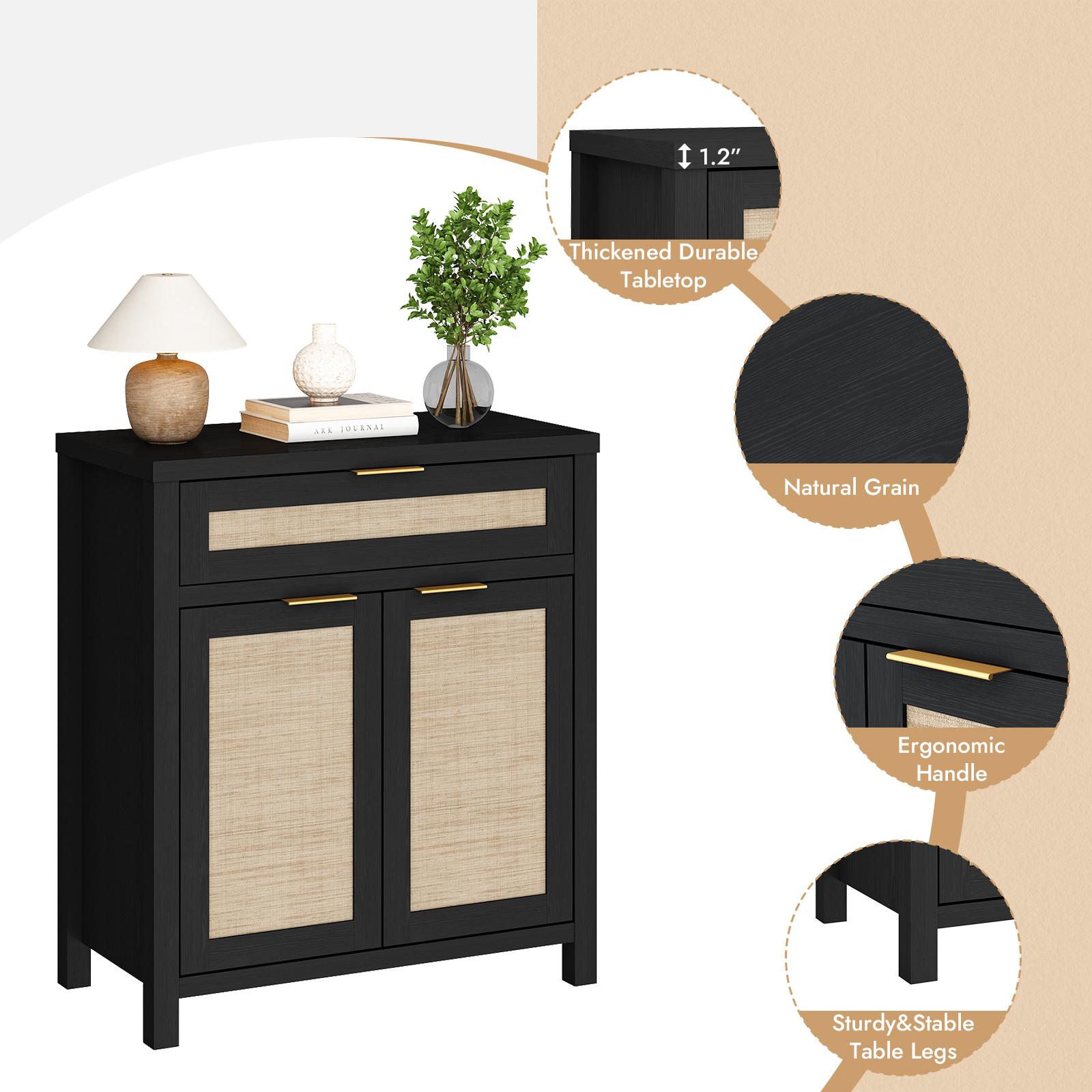 PieDle Furniture Rattan Crafted Storage Cabinet with Adjustable Dividers, Bohemian Style Buffet for Multiple House Areas like Kitchen, Hallway & Living Room