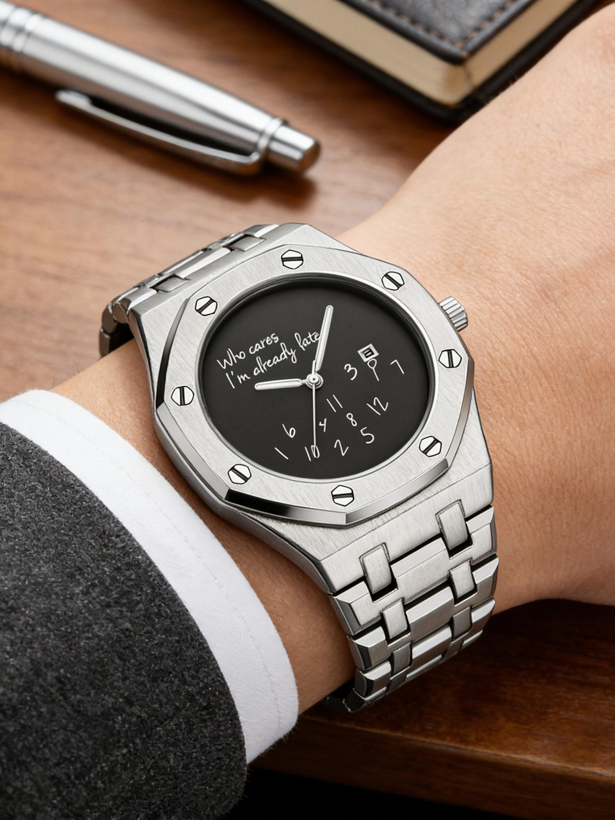 Men's Steel Band Watch, Round Dial Design, Graffiti Number Pattern, Casual Vintage Fashion, High-End Men's Watch, Trendy Gift Recommendation, Quartz Watch