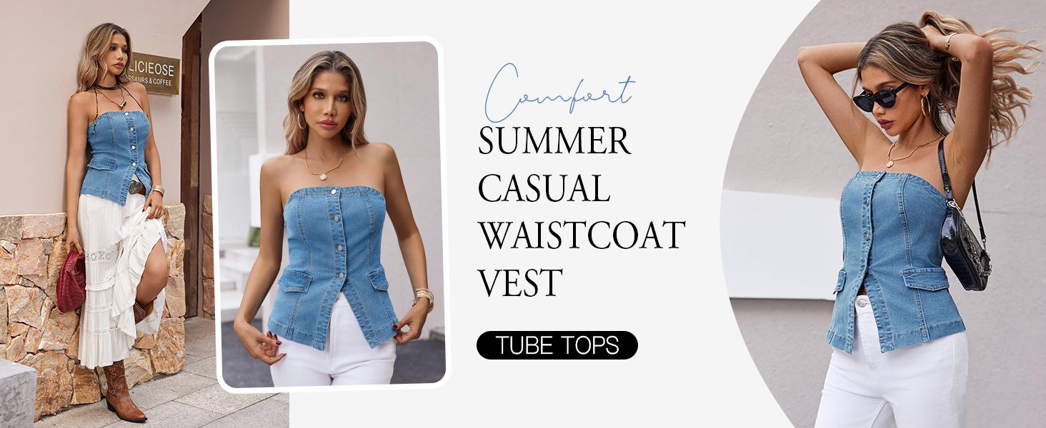 Imily Bela Womens Strapless Denim Vest Summer Button Down Jean Tube Tops Y2k Going Out Fitted Bandeau Shirts Waistcoat