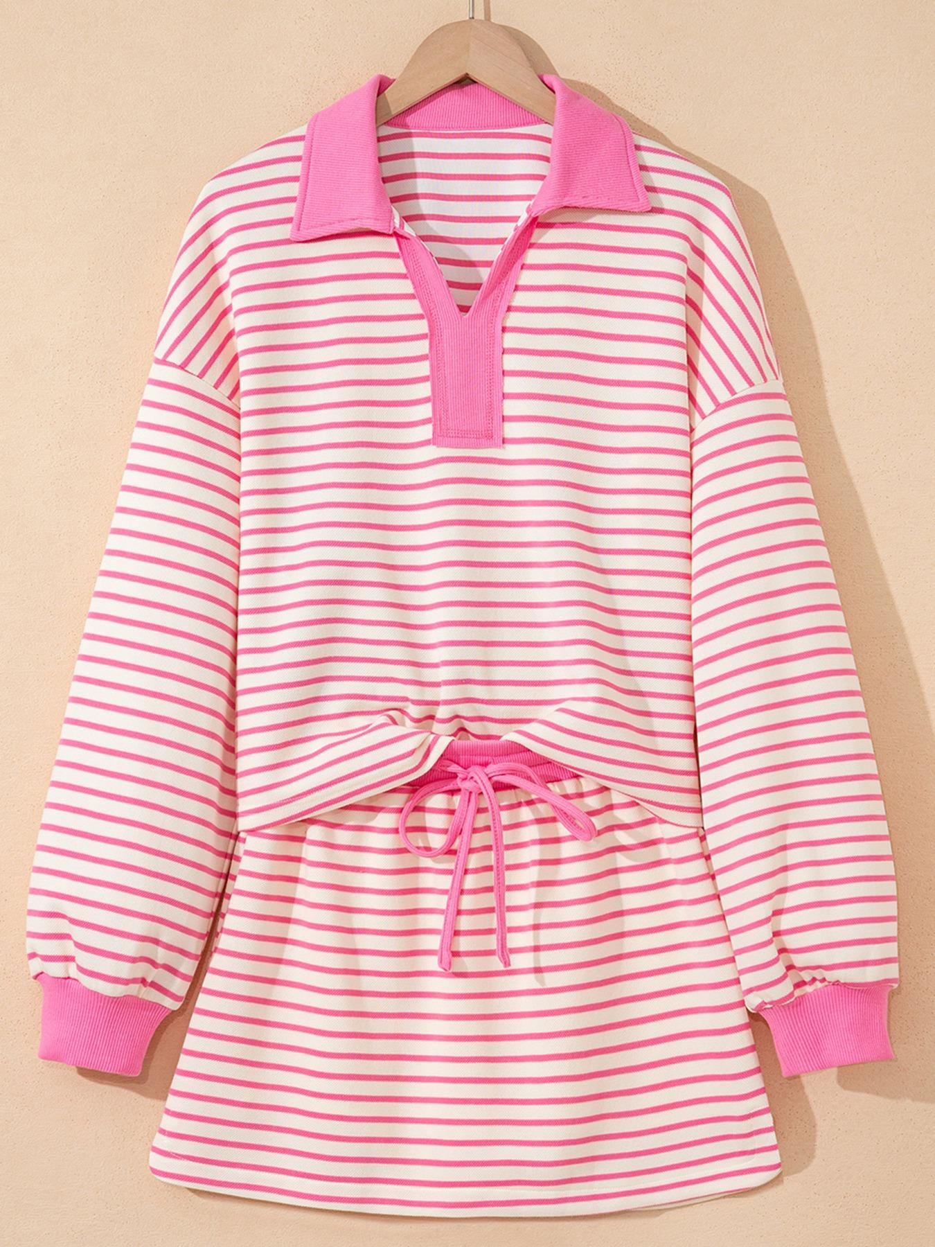 Women's Fashion Casual Striped Knit Top & Adjustable Drawstring Waist Skirt Set, Loose Fit Home Wear, Comfortable Two-Piece