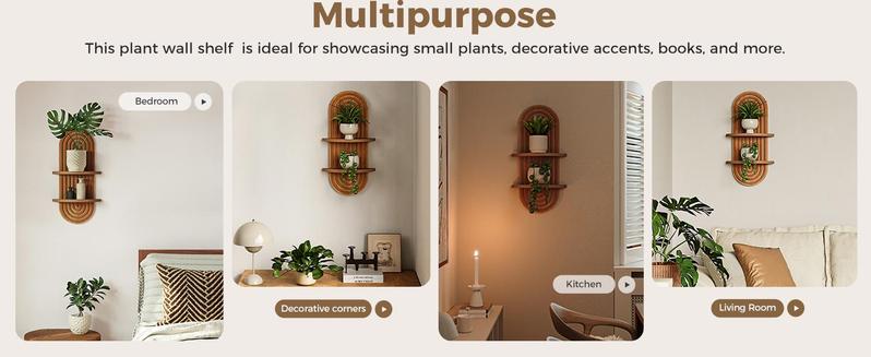 Bamworld Boho Wall Decor Brown Plant Wall Shelf, Mid Century Modern Decor Hanging Plant Shelf, 2-Tier Wooden Floating Shelves for Home, Bathroom Bedroom Living Room, Office Holding Planter Decoration