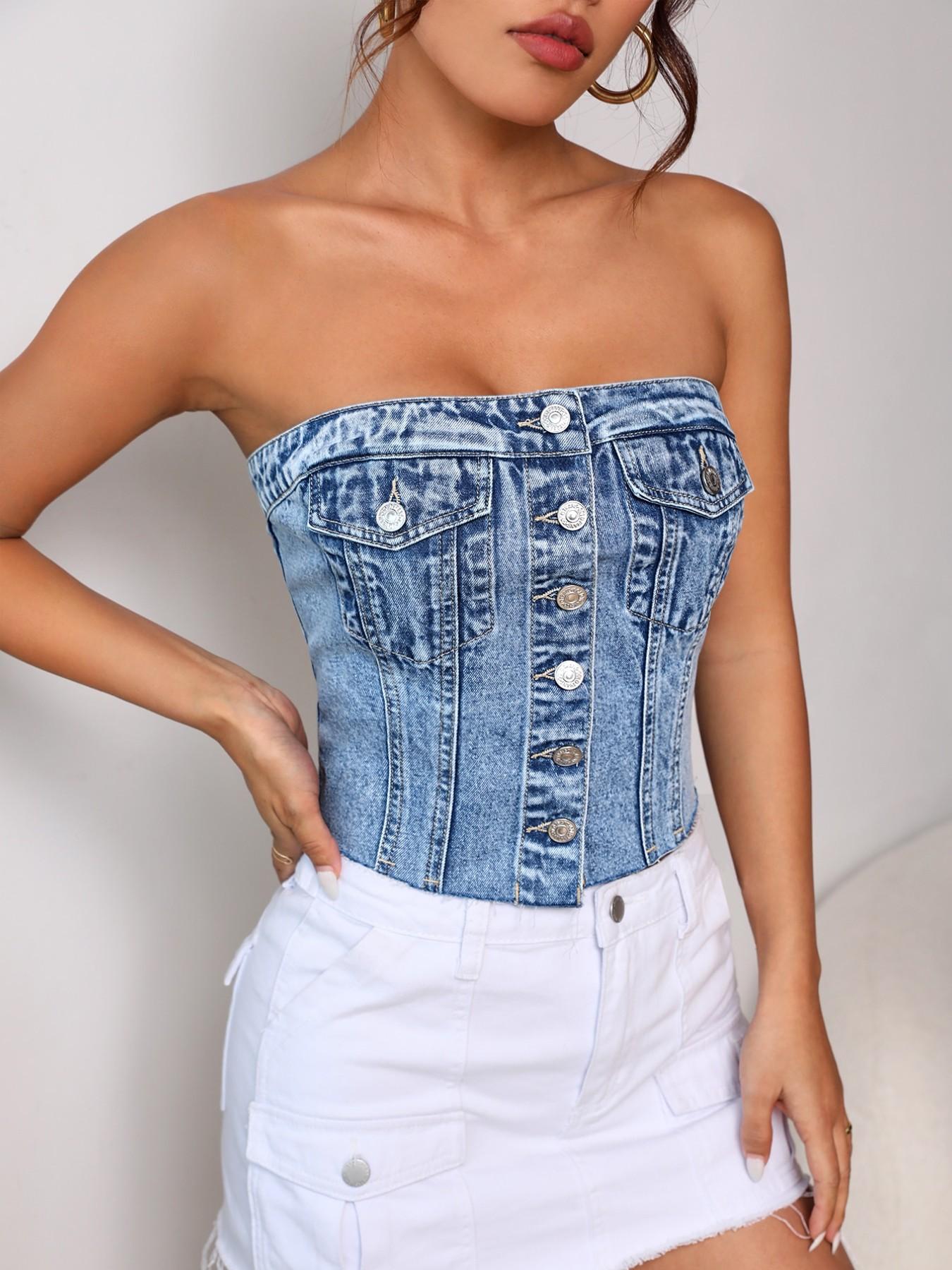 Women's Light Wash Denim Halter Top Waist Cincher Fitted Shirt, Button ...