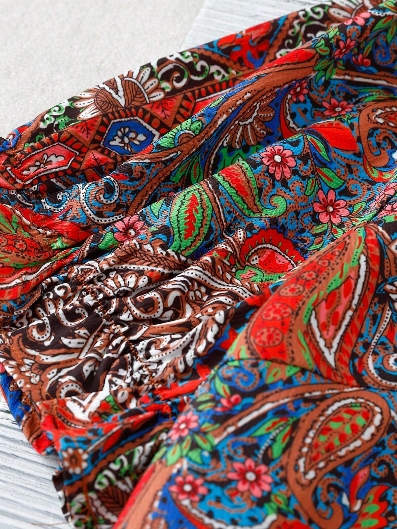 Plus Size Women's Vintage Patchwork Paisley Print V-Neck Chiffon Blouse, Shirts, Bubble Sleeve Loose Fit Short Sleeve, Boho Summer Top