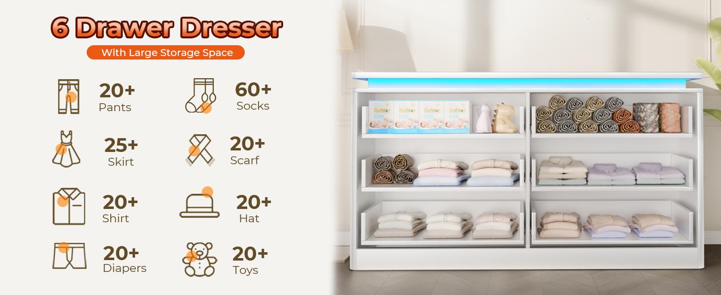 Modern 6 Drawer Dresser with Power Outlet, LED Light, Modern Chest of Drawers for Closet, Double Wide Drawer Organizer Cabinet