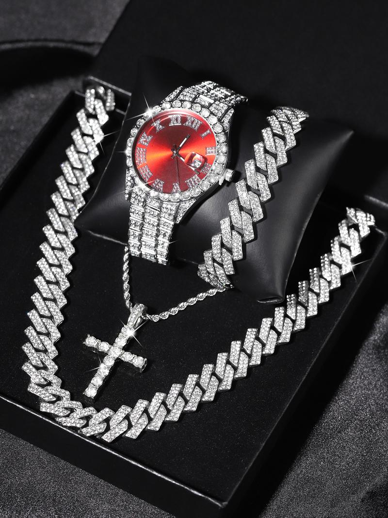 Luxury Punk Watch Set with Necklace Bracelet Cross Pendant, Analog Quartz Movement, Adjustable Strap, Unisex Gift Box for All Seasons, Fashionable Jewelry Set