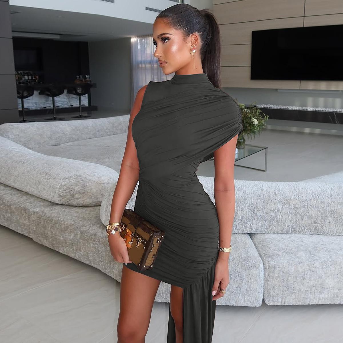 Women's Solid Color Ruched Asymmetrical Bodycon Dress, Elegant Mock-Neck Short Dress for Party Date Evening, Ladies Summer Clothes