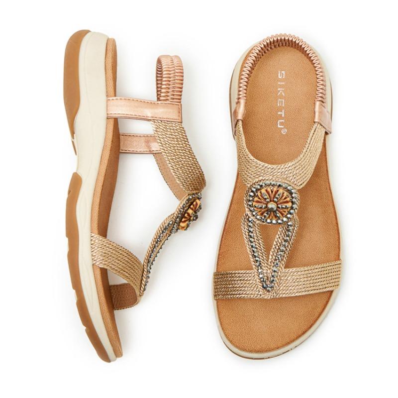Women’s Boho Beaded T-Strap Sandals, Elastic Slingback Non-Slip TPR Soft Platform Summer Daily Beach Sandals