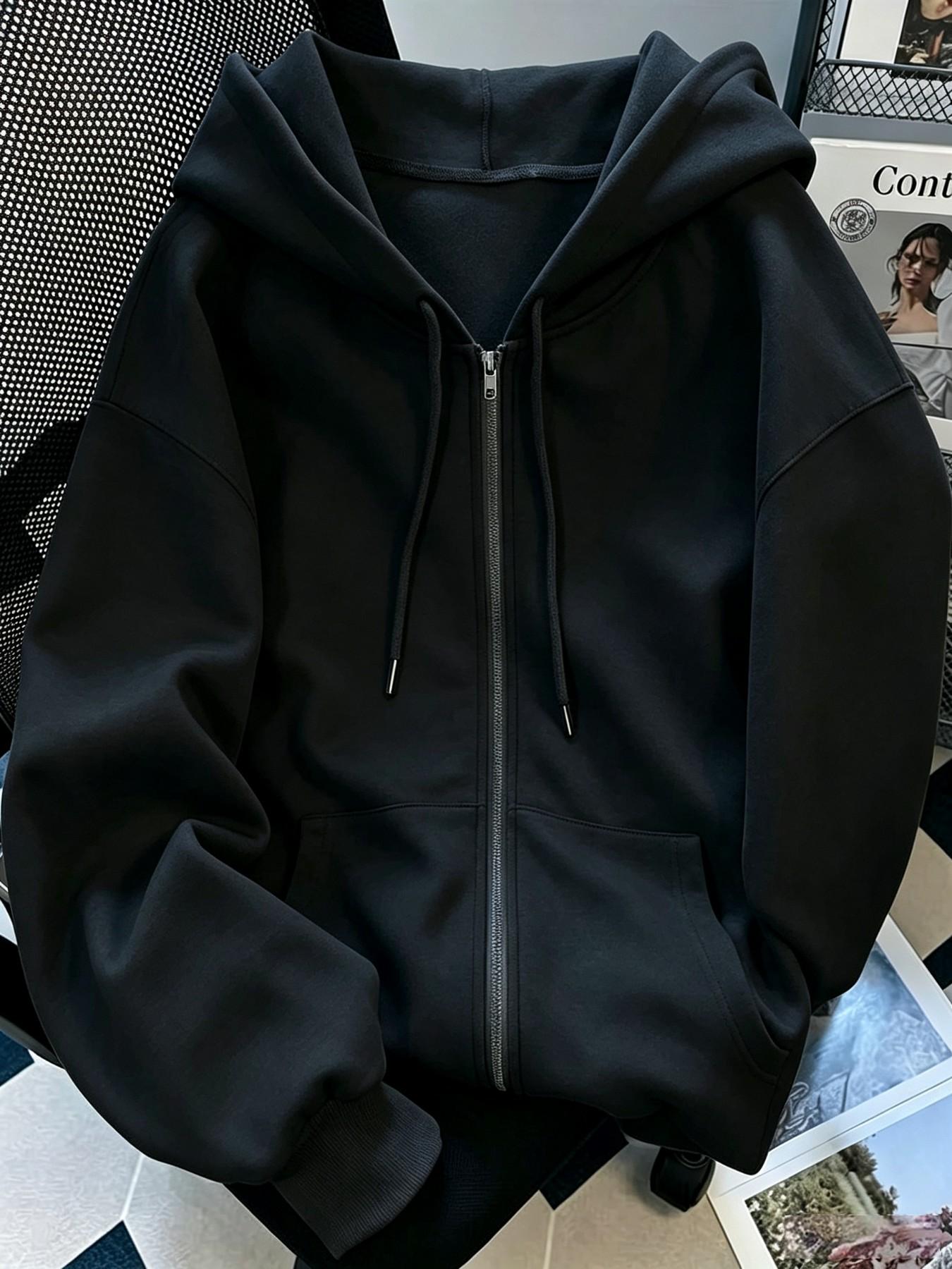 Women Solid Color Long-Sleeve Zip Up Hoodie, Oversized Loose Fit Drawstring Hooded Sweatshirt With Front Pocket, Casual Daily Streetwear, Basic Full Zip Hoodie, Casual Hooded Sweatshirts, Drawstring Hoodies