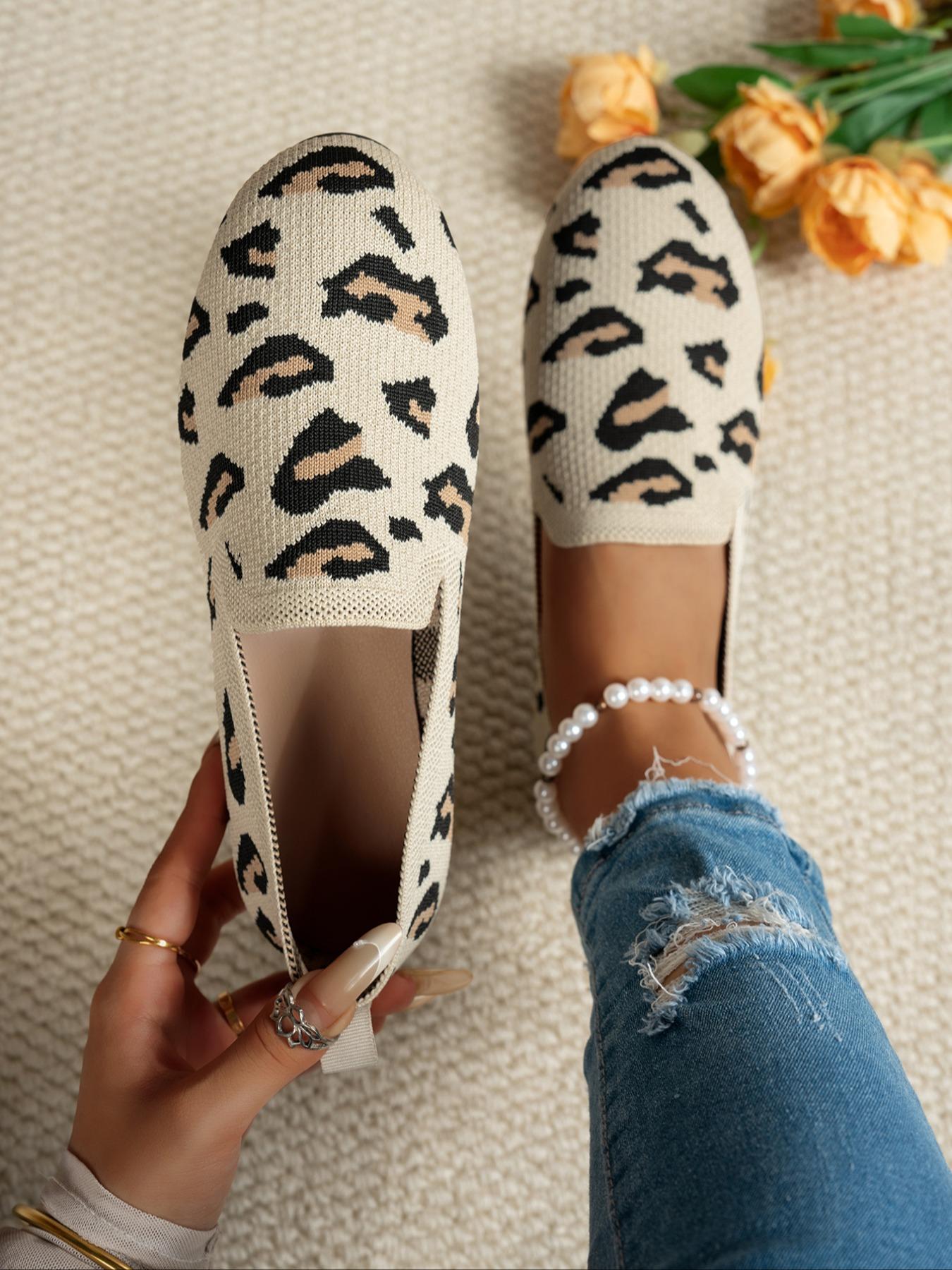 Women's Fashion Knitted Leopard Print Flat Shoes, Slip On Shoes, Casual Shoes, Elegant Versatile Basic Design, Comfortable Large Size, Suitable for Home and Outdoor Women's Fashion Knitted Leopard Print Flat Shoes, Slip On Shoes, Casual Shoes, Elegant Versatile Basic Design, Comfortable Large Size, Suitable for Home and Outdoor