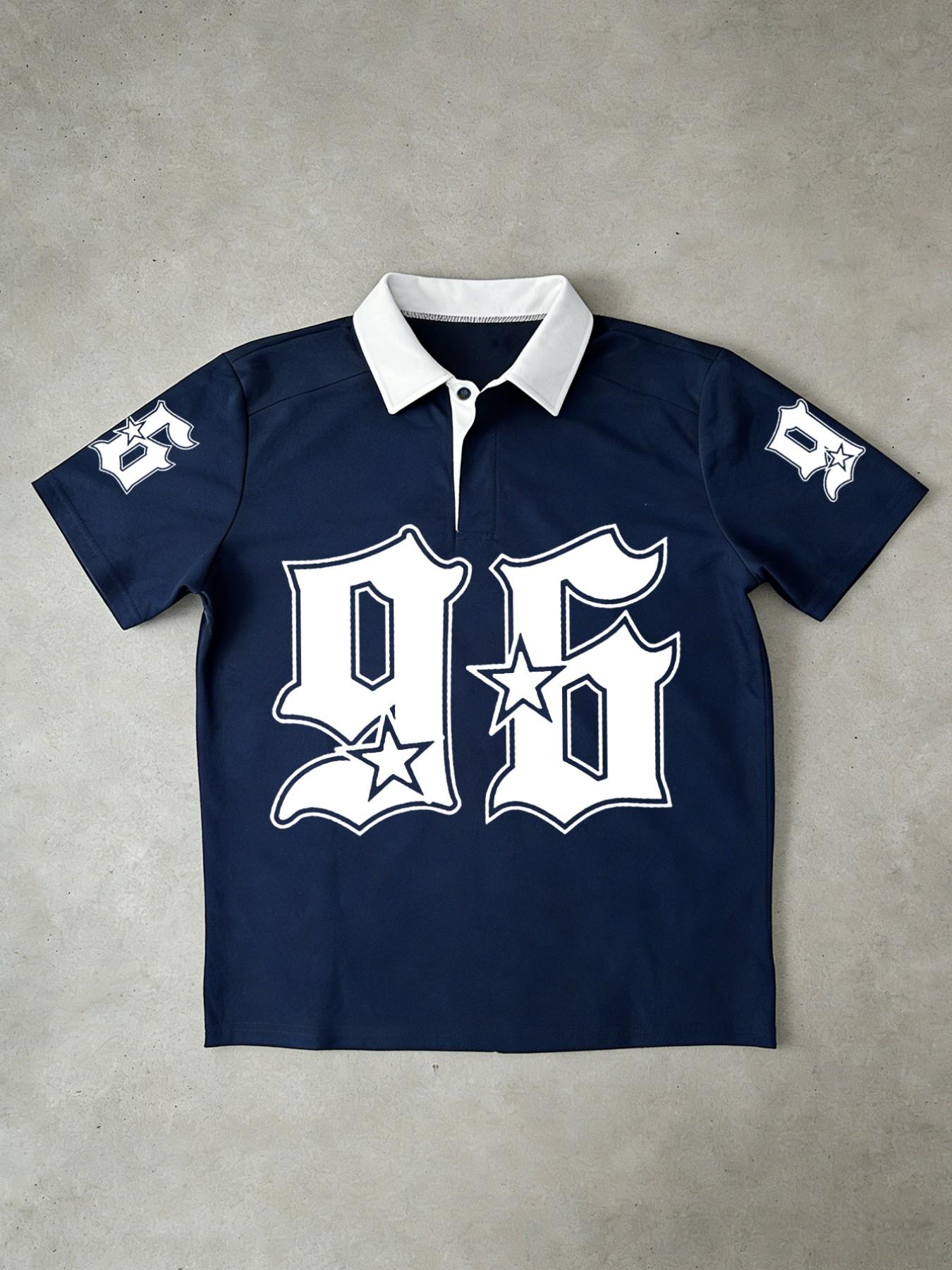 Retro 96 Star Print Polo Shirt, Y2K Streetwear, Eye-Catching