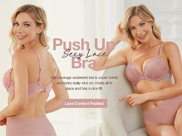 Wingslove Comfort Padded Lace Underwire Bras For Women Add 1 Cup Plunge Push Up Bra