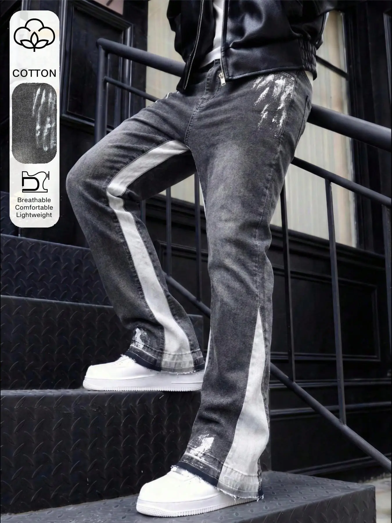 Men's Colorblock Slim Fit Denim Jeans, Mid Waist Button Fly, Casual All-Seasons, Plain Surface, High Street Style, Streetwear Denim Pants