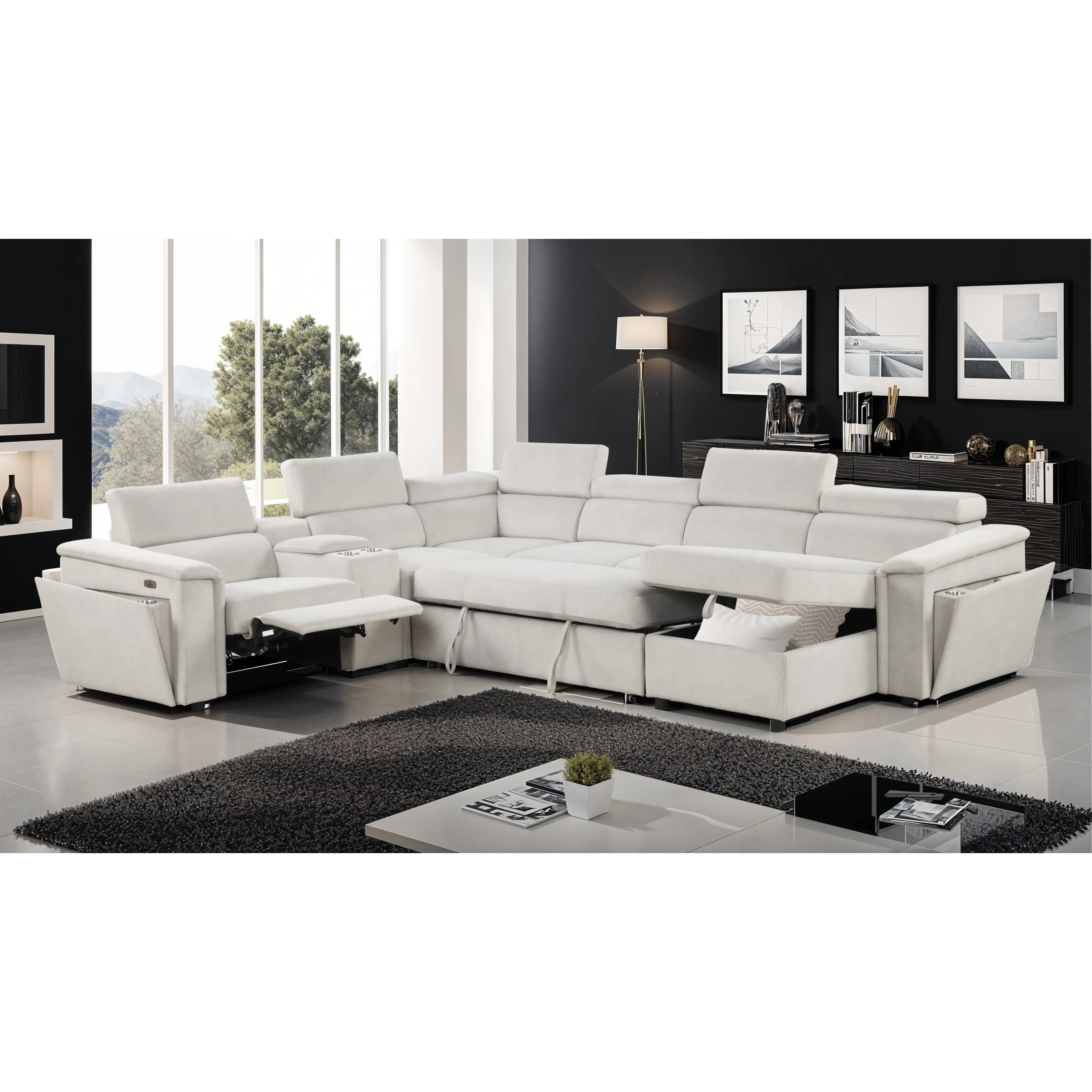 Nokaa Modern L-Shaped Power Recliner Sleeper Sectional Sofa with Storage Chaise, 6-Seat Polyester (Beige), Wood-Metal Frame, Memory Foam Cushions, Adjustable Headrests, Hidden Arm Storage & Cupholders, for Primary Living Space, Six Seats
