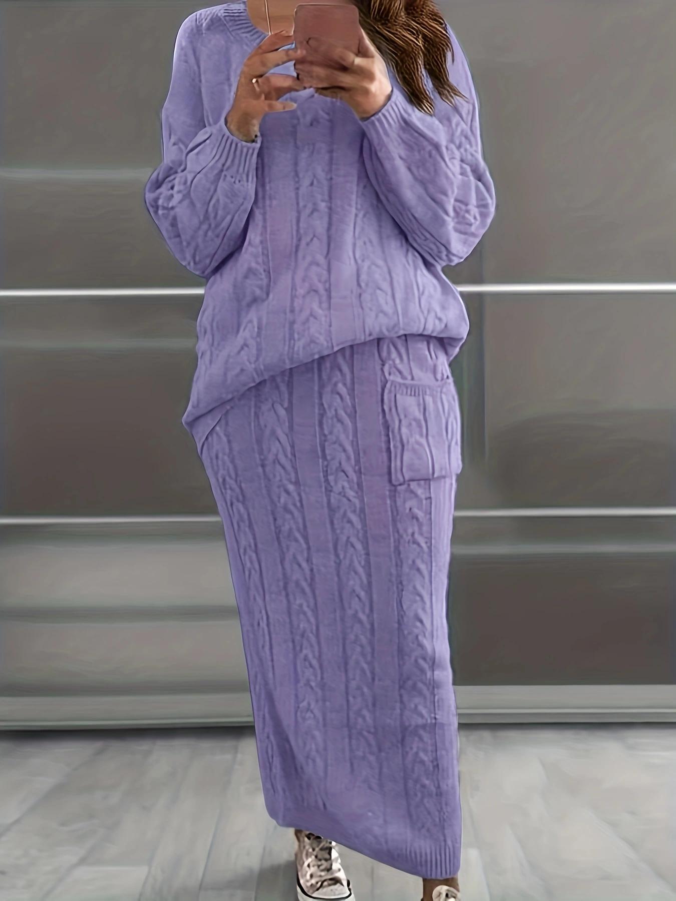 Women's Solid Cable Knit Sweater & Pocket Skirt Set, Long Sleeve Round Neck Jumper & Long Skirt, Two-piece Outfits for Daily Wear