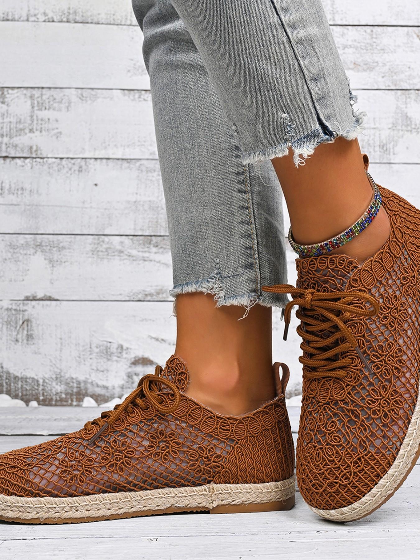 Women's Summer Crochet Sneakers, Casual Breathable Mesh Shoes, Handmade Hooked Knit, Round Toe, Low Ankle, Random Print, Fashion Trendy