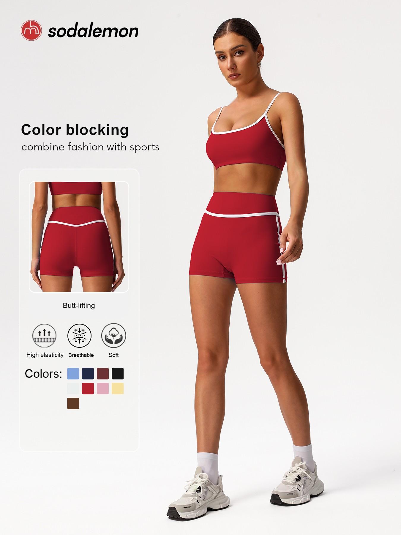 Sodalemon Two-Piece Set Women's Solid Crop Sports Bra & High Waist Skinny Shorts Tracksuit Set, Breathable Comfortable Sports Outfits for Yoga Gym Workout Running, Ladies Sportswear for All Seasons
