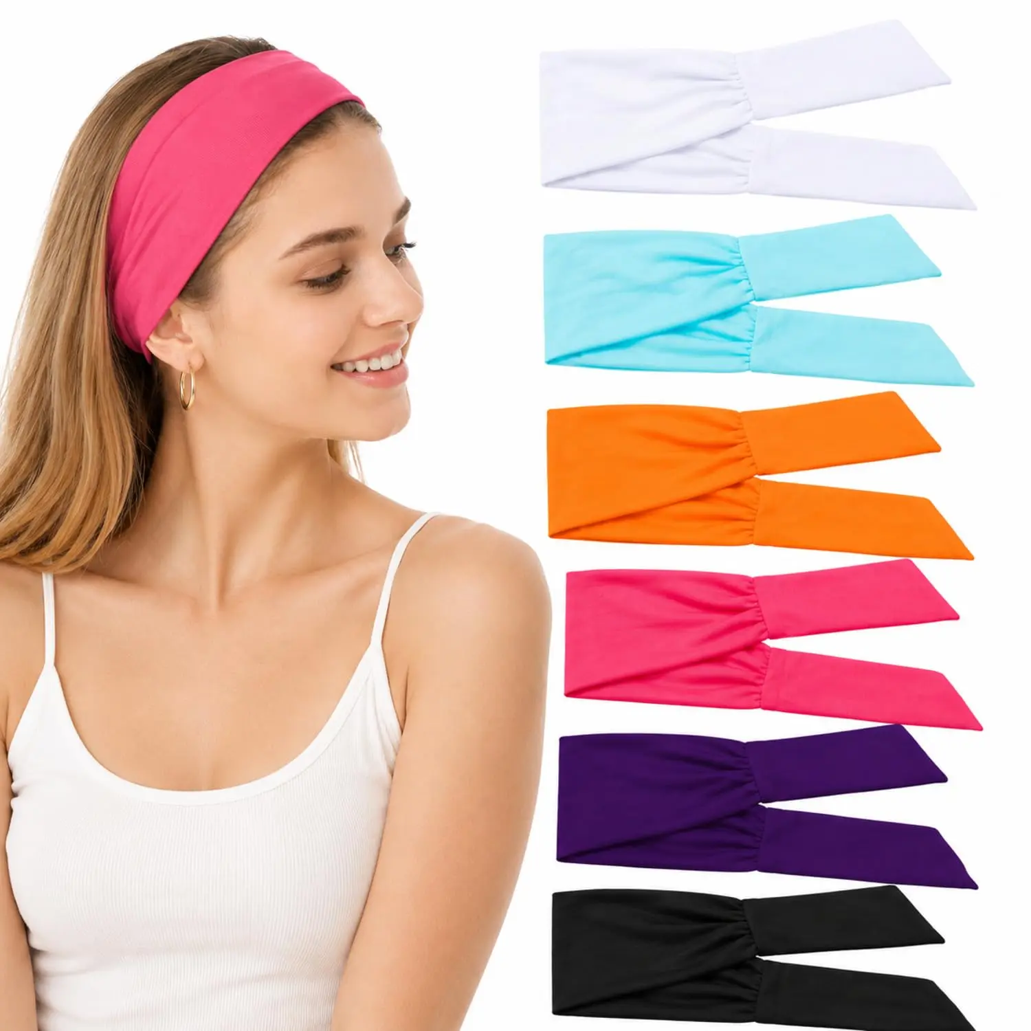 6 count Tie Headband for Women Adjustable Bandana   Scarf | Solid Style, Knotted  Turban Hairband, Elastic Non Slip Wide Headband, for Running Hiking Cycling Yoga Workout