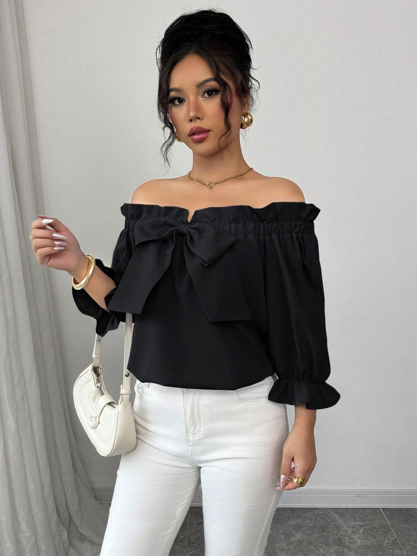 Women's Casual Chic Everyday Fashion Top with Bowknot Decoration, Versatile Fitted One-Shoulder Blouse for Valentine's Day, Dates, Commuting, Vacation