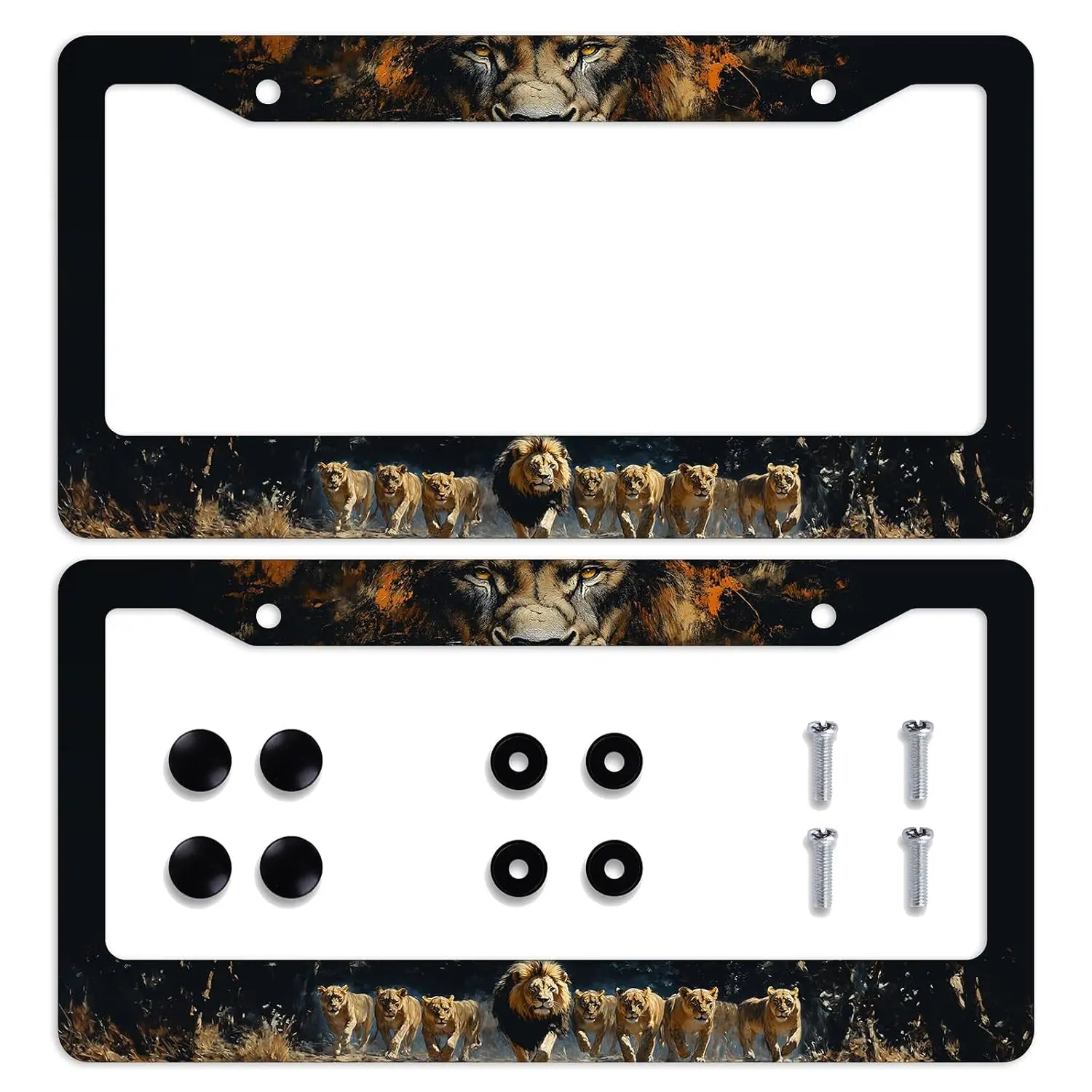 2PCS Lion License Plate Frame Ferocious Lion Group Animal Wilderness License Plate Frames Personalise License Plate Frames Stainless Steel Metal Car Plates Tag Funny Decor Men Women 12.3" x 6.3"