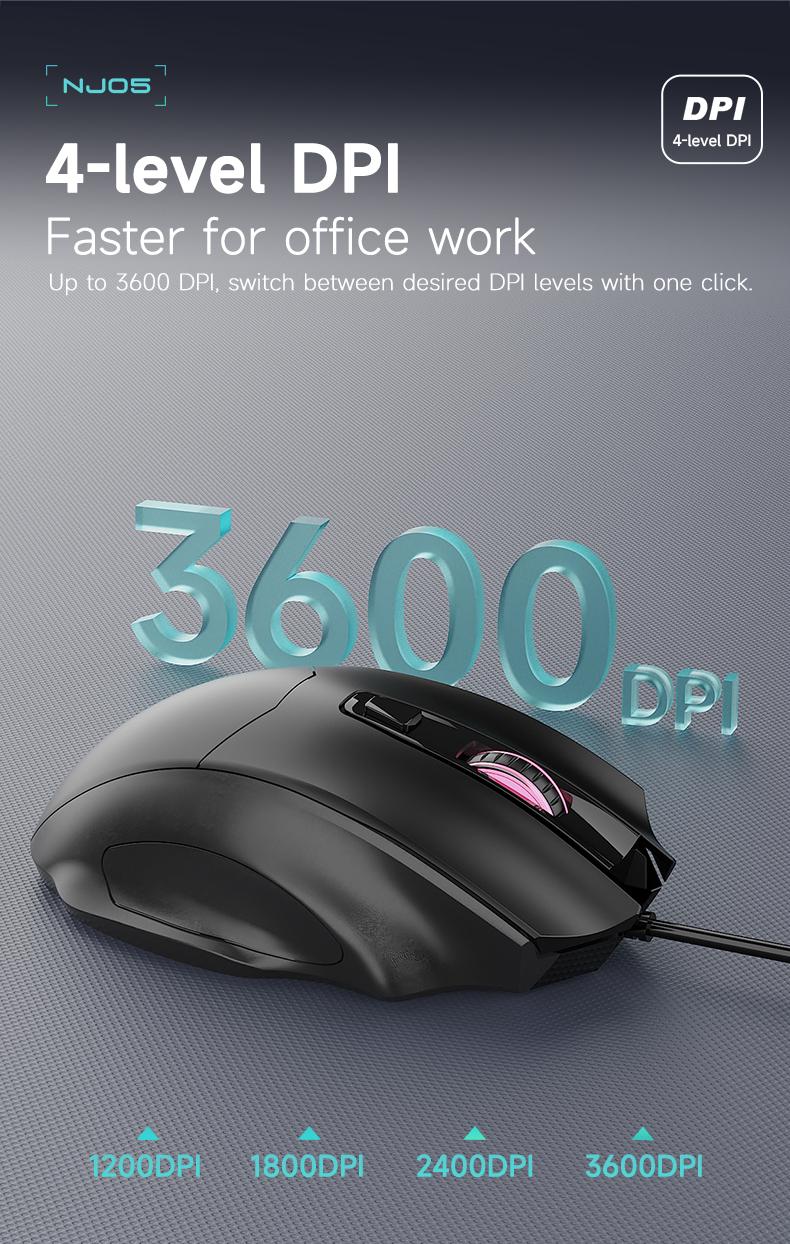 NJ05 wired office mouse with light sound buttons and finger drag design AJAZZ ergonomic office supplies mouse DPI3600 optical engine chip 125Hz 3D rubber roller lightweight 91g suitable for gaming and office use