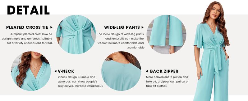 FMEYOA Womens Wide Leg Jumpsuits Short Sleeve V Neck Tie Knot High Waist Summer Long Romper