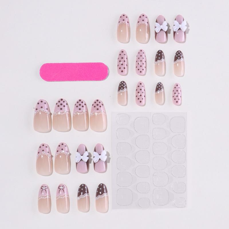 24PCS Sweet Pink French Press on Nails Brown Polka Dots 3D White Bowknot Fake Nails for Women Girl Almond False Nails Detachable