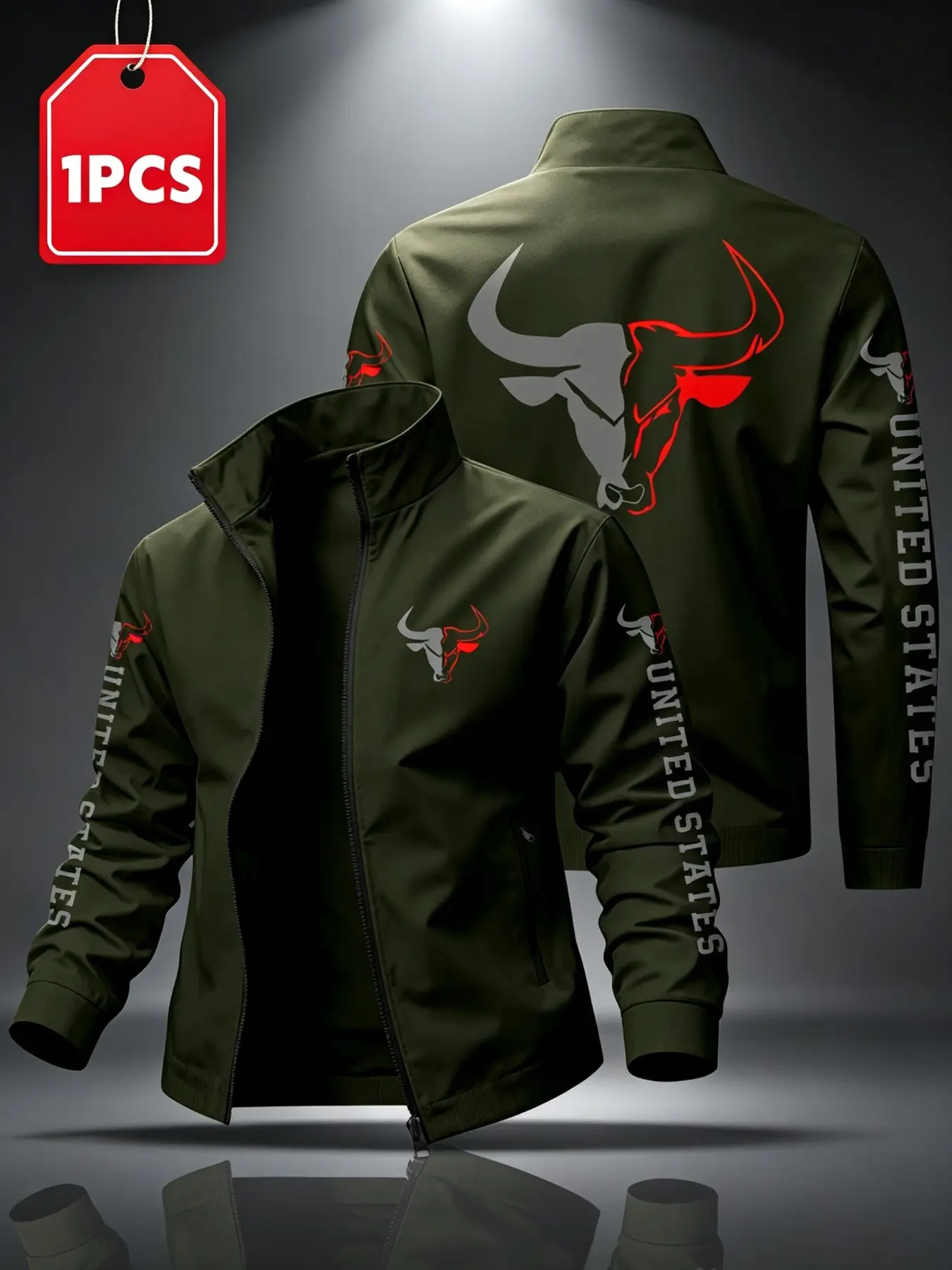 Men's Zipper Stand Collar Jacket, Bull Head Print Sleeves, 'united States' Text, Trendy Loose Sport Casual Outerwear