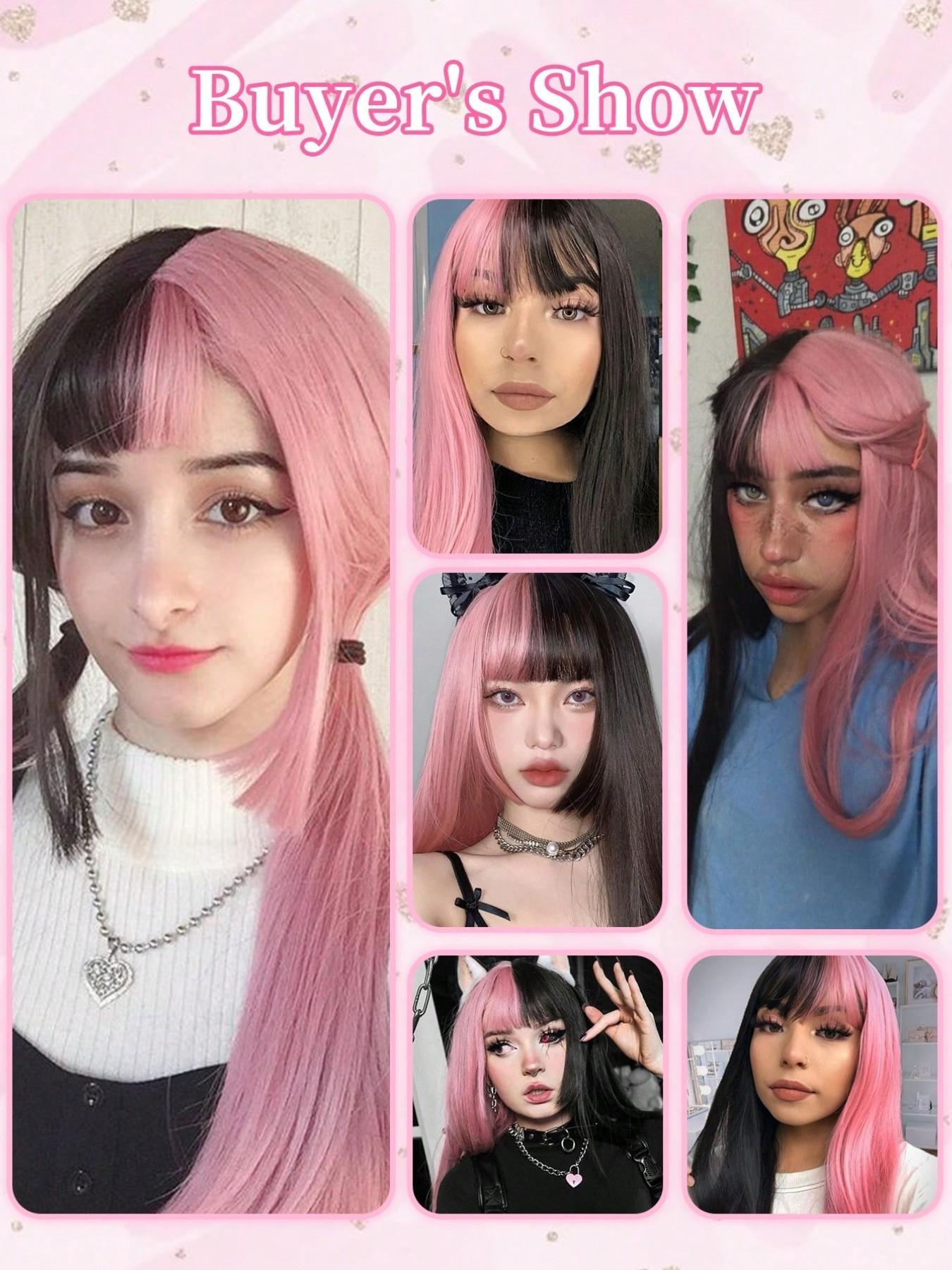 26 inch Cosplay Extension Hair Wig Pink And Black Color Synthetic Straight Hair Wig With Bangs Hair for women Wear Cosplay holiday Daily Halloween and Christmas New Year Carnival Music Festival