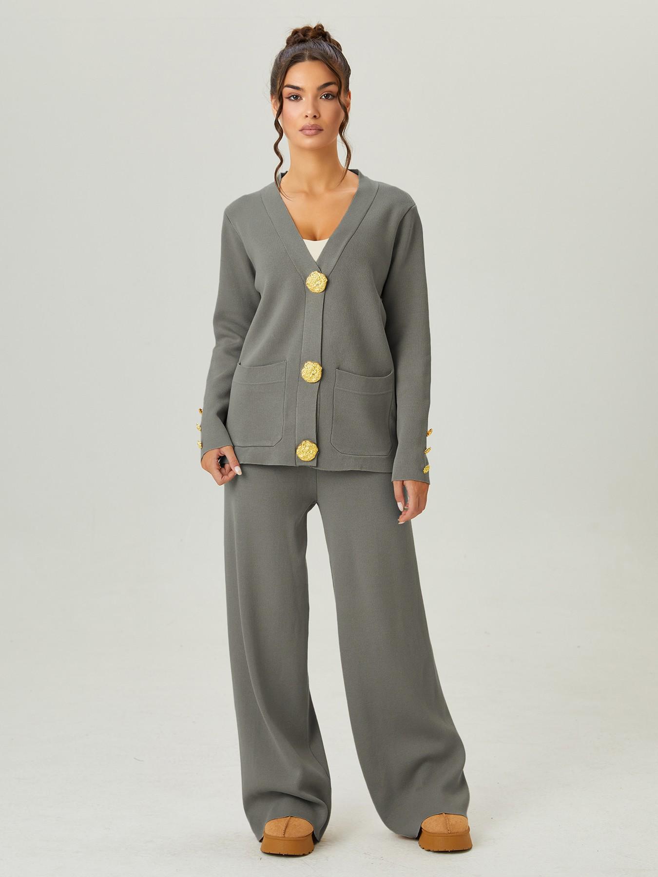 Women's Versatile V-Neck Gold Button Side Pocket Knit Cardigan and High Waist Wide Leg Pants Set, Elegant Two-Piece, Comfortable Women's Clothing#TikTokMadeMeBuyIt #CasualChic#MatchingSet
