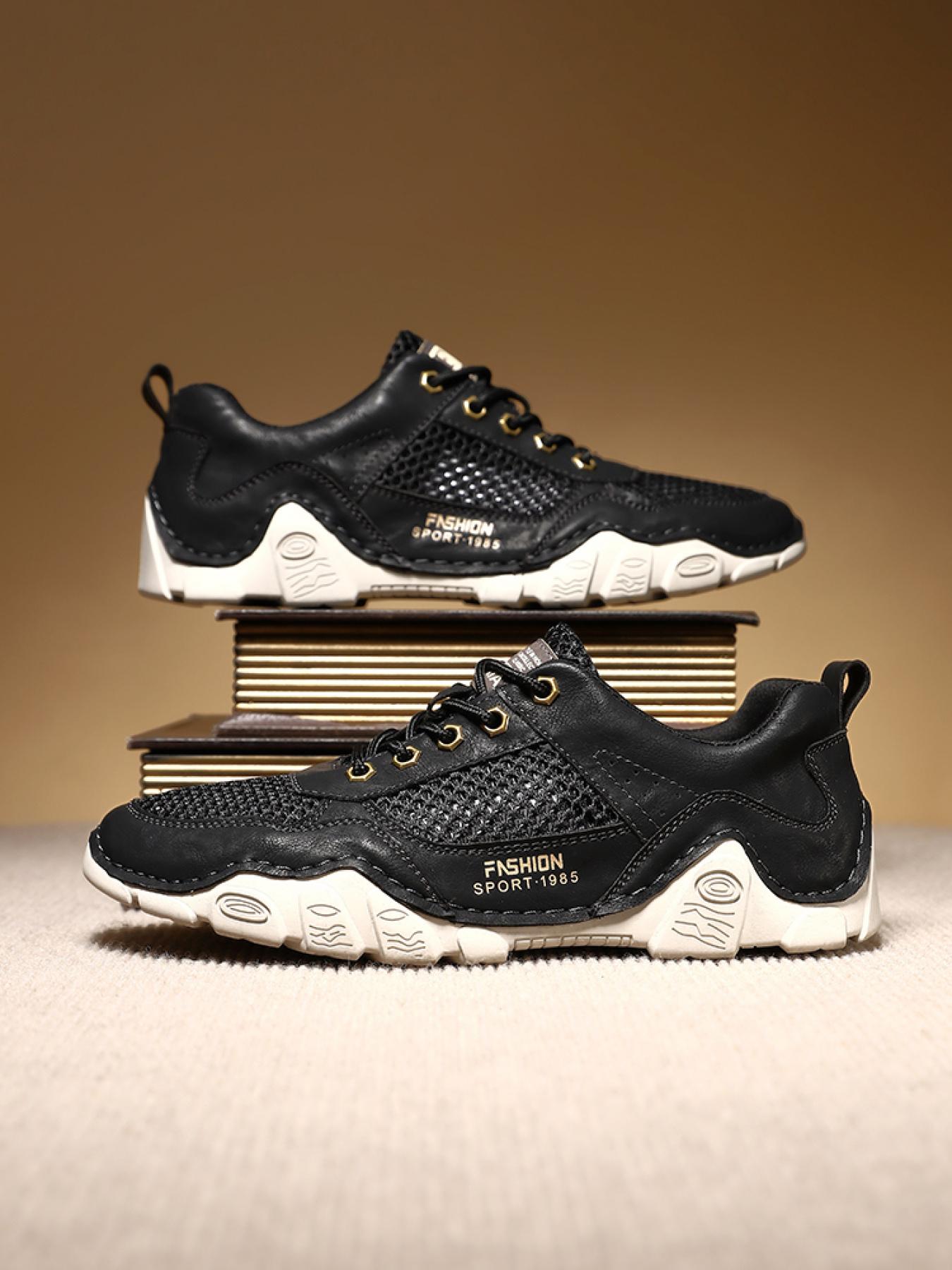 Men's Solid Color Mesh Patchwork Casual Sneakers, Hand-Stitched Thick-Soled Non-Slip Hiking Shoes, Trendy Versatile Breathable Dad Shoes