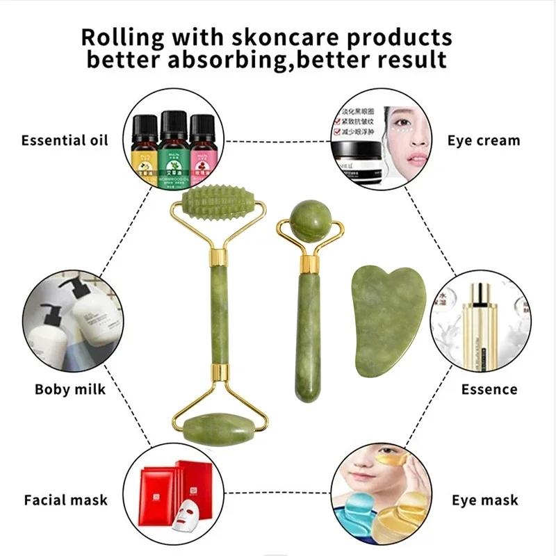 Natural Jade Roller Massager Beauty Tool Self Care Tools Skin Care Tools Facial Care Tools for Face Body Back Foot Massage Roller Facial Liftting Anti-wrinkle Double-end Gua Sha Jade Stone