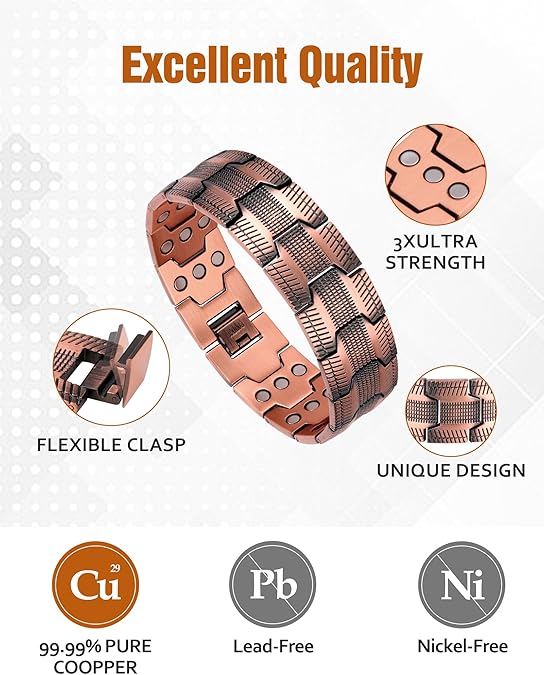 A pure copper men's bracelet, 3X super strong magnetic bracelet, 99.99% pure copper, with 3500 Gauss neodymium magnet, adjustable copper magnetic bracelet, birthday and bachelor party gift, universal holiday wear, copper bracelet jewelry gift A pure copper men's bracelet, 3X super strong magnetic bracelet, 99.99% pure copper, with 3500 Gauss neodymium magnet, adjustable copper magnetic bracelet, birthday and bachelor party gift, universal holiday wear, copper bracelet jewelry gift