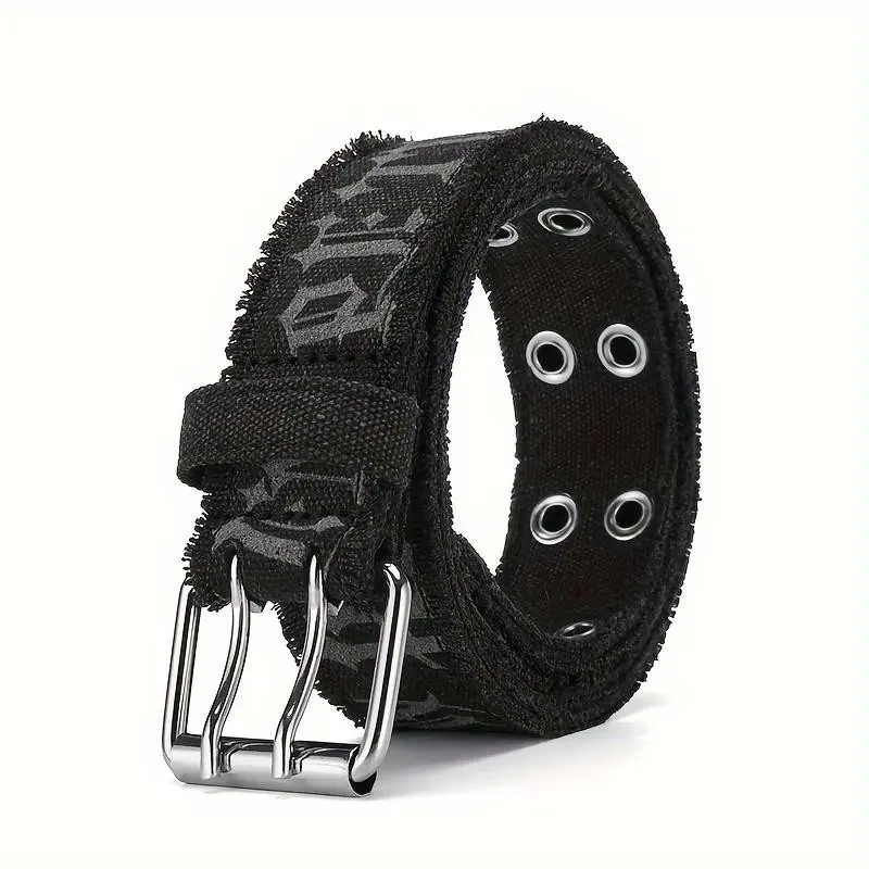 Men's Denim Belt Embossed Washed Design Double Buckle Streetwear Style