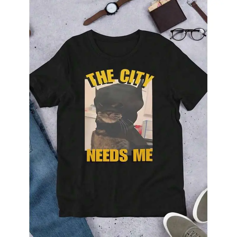 SHEIN Graphic Cat Face & English Text "This City Needs Me" Relaxed Fit Round Neck T-Shirt For Women