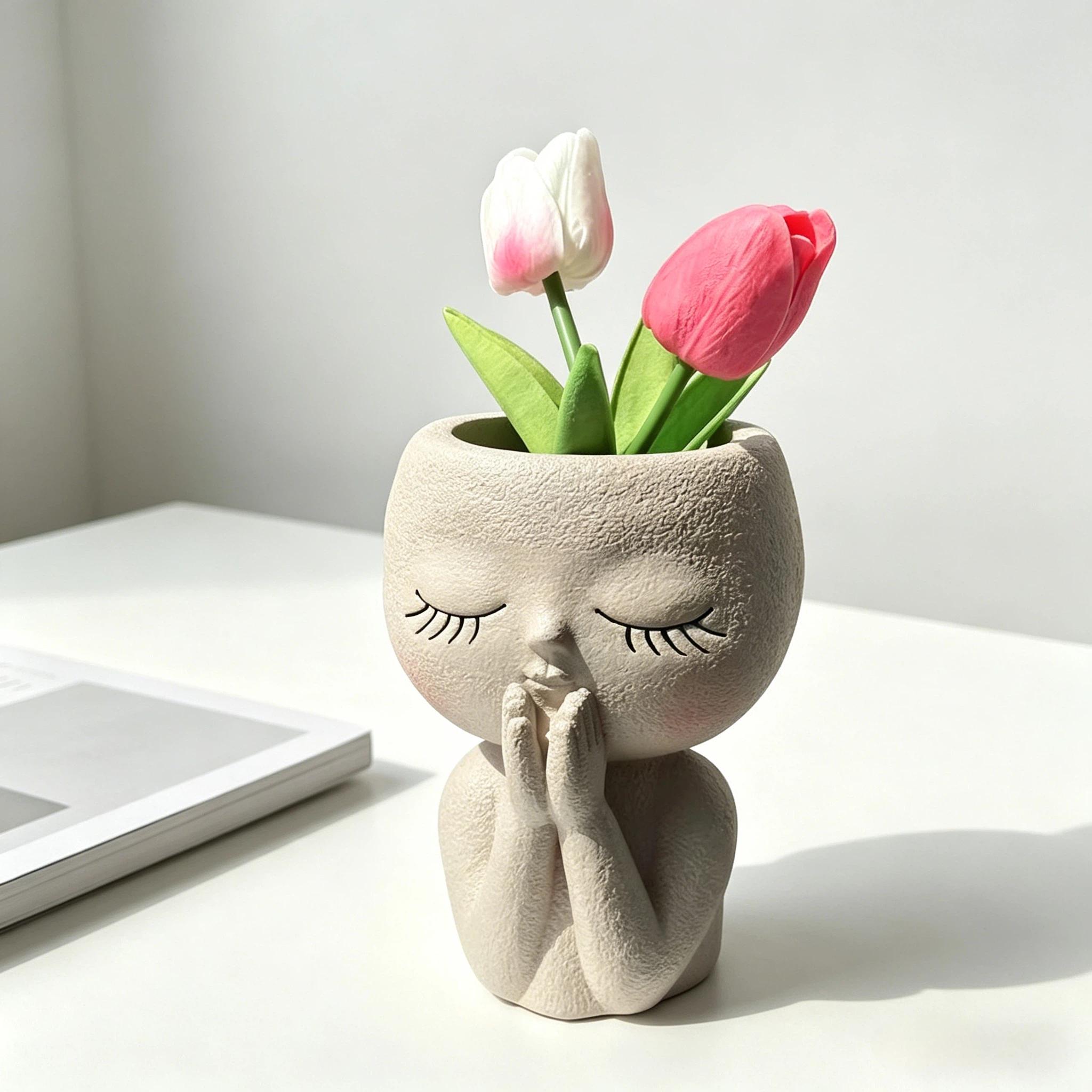 Closed Eyes Girl Vase Resin Decorative Piece, Nordic Style Creative Desktop Floral Decoration, Home Soft Furnishing Essential