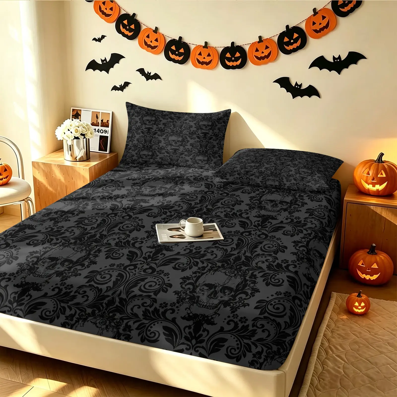 3Pcs Spooky Gothic Halloween Fitted Sheet Set, Dark Skeleton Seamless Print Bedding Set, Bed Sheets Set, Decorative Bedsheet Sets, Seasonal Decor For Teens Adults Kids, Perfect For Bedroom Dorm Guest Room, 1 Fitted Sheet & 2 Pillowcase, No Filling