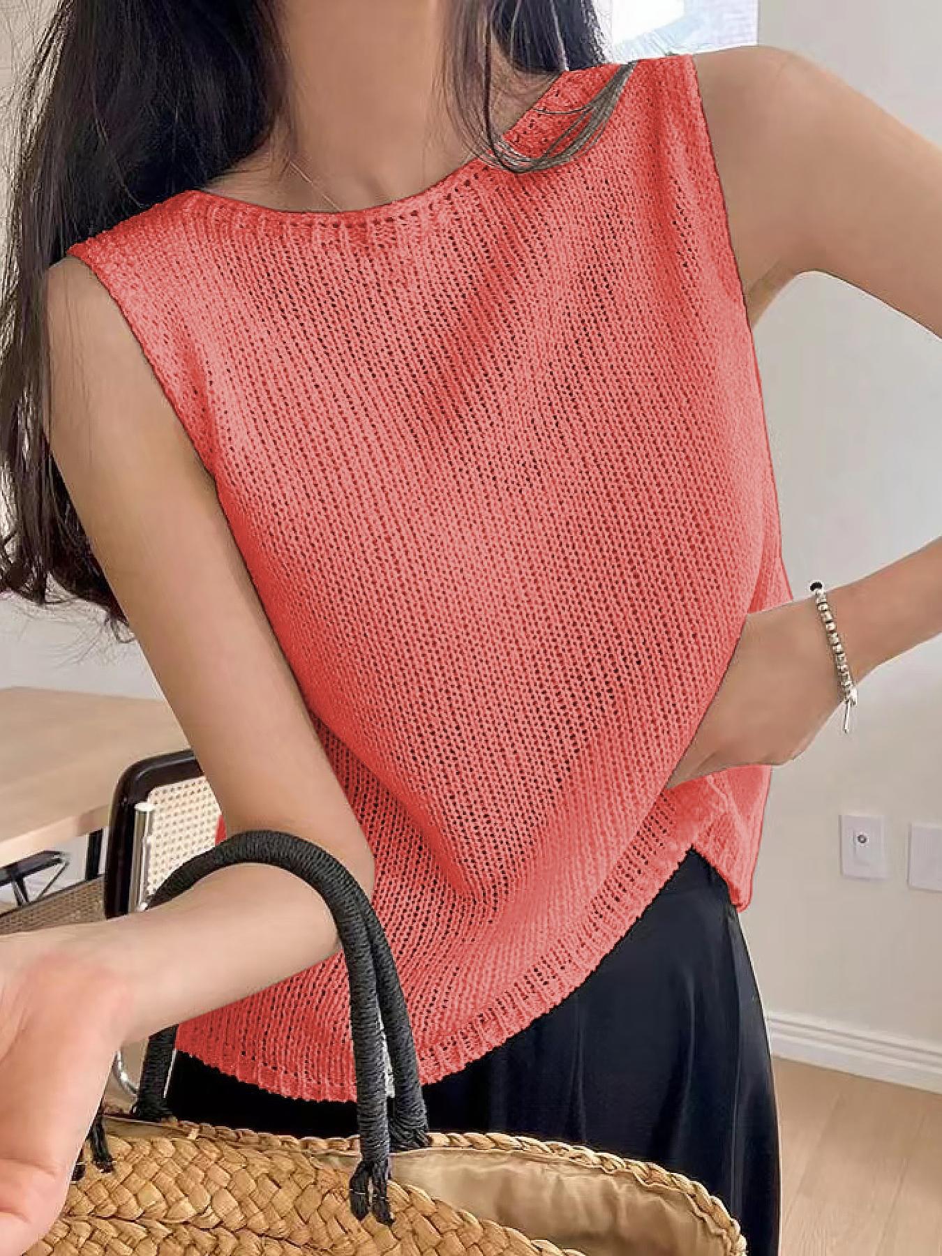 Women's Solid Round Neck Sweater Vest, Casual Sleeveless Knitwear Top for Spring & Summer, Women's Clothing for Daily Wear
